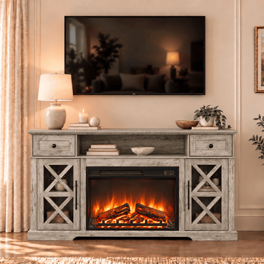 LUXAPA 1500W Electric Fireplace TV Stand with 31" Fireplace, 60" TV Console for TVs Up to 65", 9 Flame Colors, 12 Ambient Light Colors, 11 Heat Settings