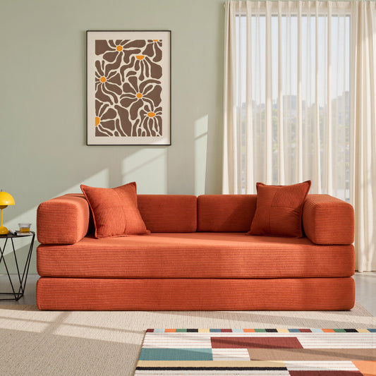 LUXAPA 78.6" Sleeper Sofa Bed, Comfy Modular 2-in-1 Convertible Couch, Corduroy Upholstered Deep Seat Sofa for Living Room & Small Spaces, Modern Folding Guest Bed with 2 Pillows, Orange
