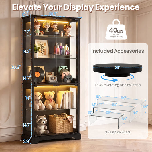 LUXAPA Display Cabinet with Glass Doors, 71" Storage Cabinet with LED Lights, 5-Tier Curio Cabinet & Bookshelf, Modern Collection Display Case for Living Room, Home Office, Black