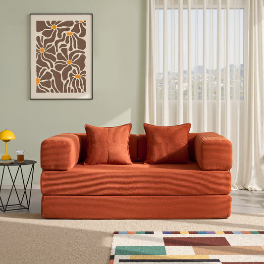 LUXAPA 62.9" Sleeper Sofa Bed, Comfy Modular 2-in-1 Convertible Couch, Corduroy Upholstered Loveseat, Deep Seat Sofa for Small Spaces, Modern Folding Guest Bed, No Assembly with 2 Pillows, Orange