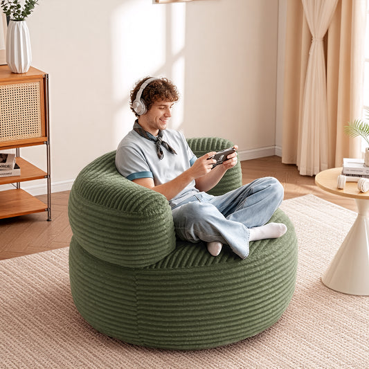 LUXAPA 4 Ft Bean Bag Chair Oversized for Adults & Kids, Corduroy Fabric Large Bean Bag Sofa with Backrest and Cushion, Round Fluffy Bean Bag for Bedroom, Living Room, Easy to Clean, Green