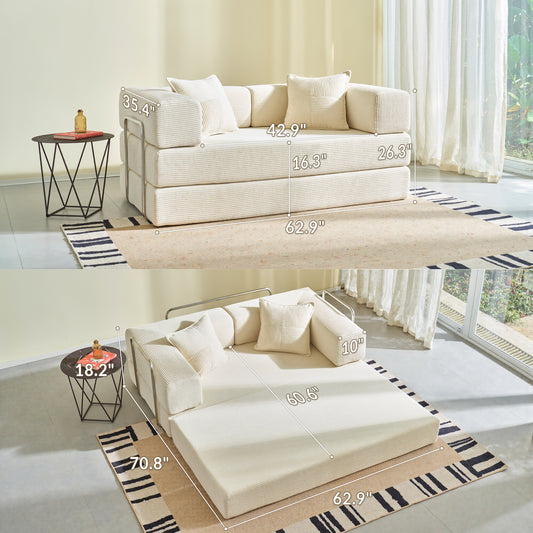 LUXAPA 62.9" Sleeper Sofa Bed, Comfy Modular 2-in-1 Convertible Couch, Corduroy Upholstered Loveseat, Deep Seat Sofa for Small Spaces, Modern Folding Guest Bed, No Assembly with 2 Pillows, Beige
