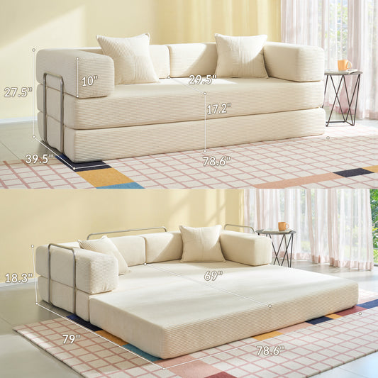 LUXAPA 78.6" Sleeper Sofa Bed, Comfy Modular 2-in-1 Convertible Couch, Corduroy Upholstered Deep Seat Sofa for Living Room & Small Spaces, Modern Folding Guest Bed with 2 Pillows, Beige