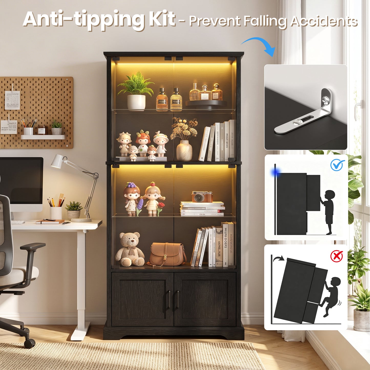 LUXAPA Display Cabinet with Glass Doors, 65" Storage Cabinet with LED Lights, 5-Tier Curio Cabinet & Bookshelf, Modern Collection Display Case for Living Room, Home Office, Black