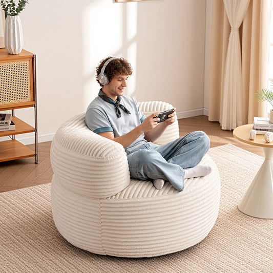 LUXAPA 4 Ft Bean Bag Chair Oversized for Adults & Kids, Corduroy Fabric Large Bean Bag Sofa with Backrest and Cushion, Round Fluffy Bean Bag for Bedroom, Living Room, Easy to Clean, White