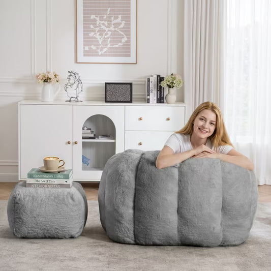 LUXAPA 41" Bean Bag Chair Oversized with Ottoman for Adults, Short Plush Fabric Beanbag Chair, Cozy Lounge Chair for Living Room, Reading Room and Apartment, Gray