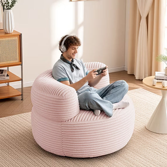 LUXAPA 4 Ft Bean Bag Chair Oversized for Adults & Kids, Corduroy Fabric Large Bean Bag Sofa with Backrest and Cushion, Round Fluffy Bean Bag for Bedroom, Living Room, Easy to Clean, Pink