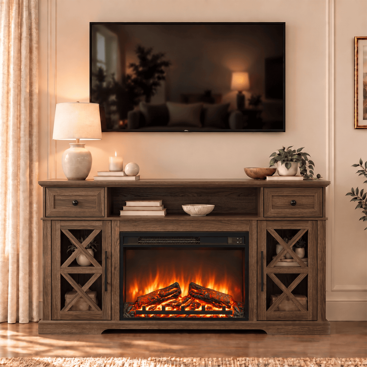 LUXAPA Fireplace TV Stand for TVs Up to 65 Inch with Electric Fireplace, Farmhouse Entertainment Center with 1400W Heater, Remote Control, Adjustable Flame, Storage Console
