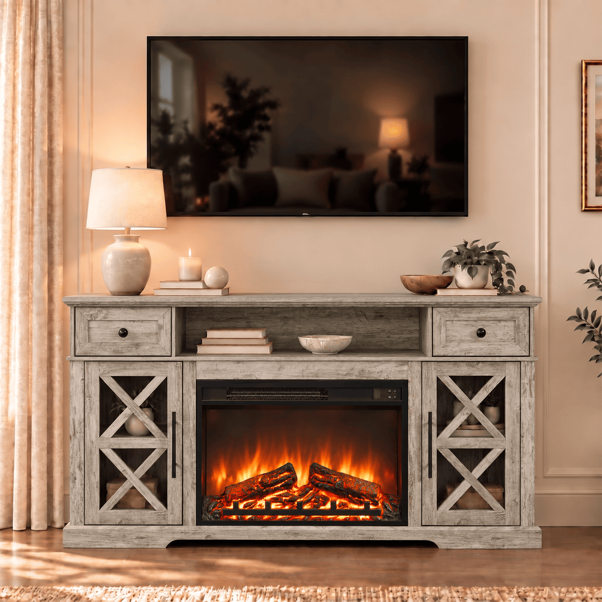LUXAPA 1500W Electric Fireplace TV Stand with 31" Fireplace, 60" TV Console for TVs Up to 65", 9 Flame Colors, 12 Ambient Light Colors, 11 Heat Settings
