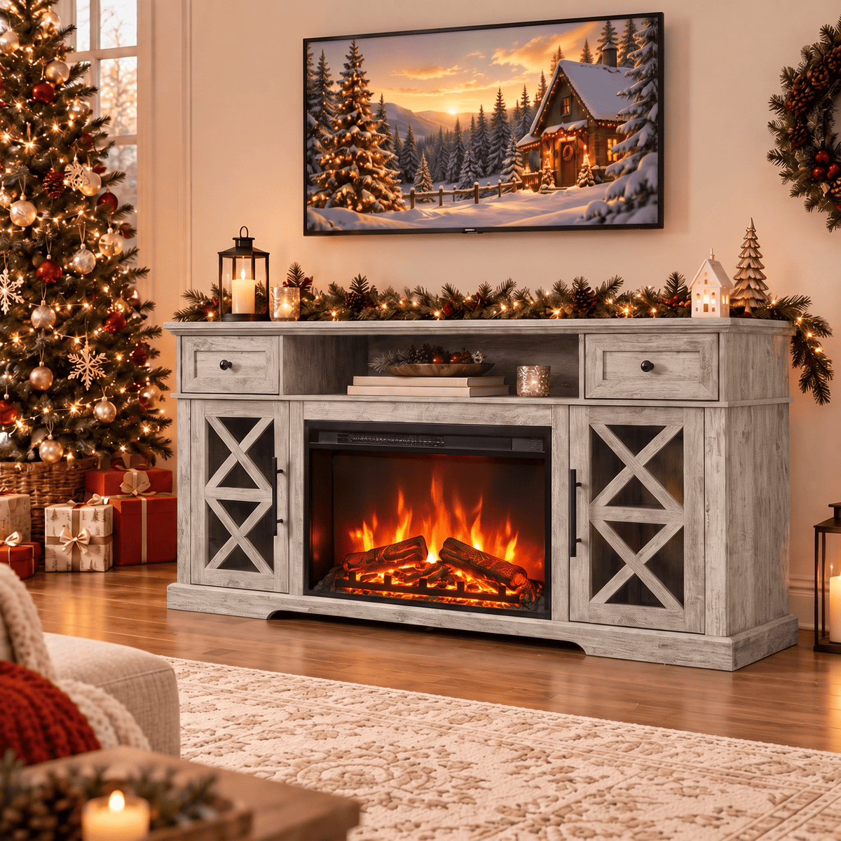 LUXAPA 1500W Electric Fireplace TV Stand with 31" Fireplace, 60" TV Console for TVs Up to 65", 9 Flame Colors, 12 Ambient Light Colors, 11 Heat Settings