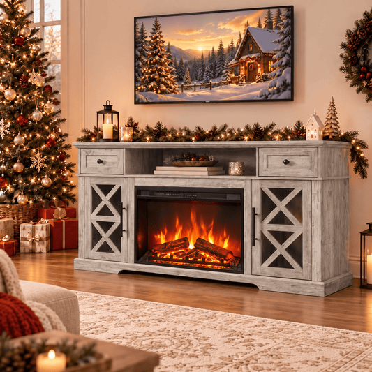 LUXAPA 1500W Electric Fireplace TV Stand with 31" Fireplace, 60" TV Console for TVs Up to 65", 9 Flame Colors, 12 Ambient Light Colors, 11 Heat Settings