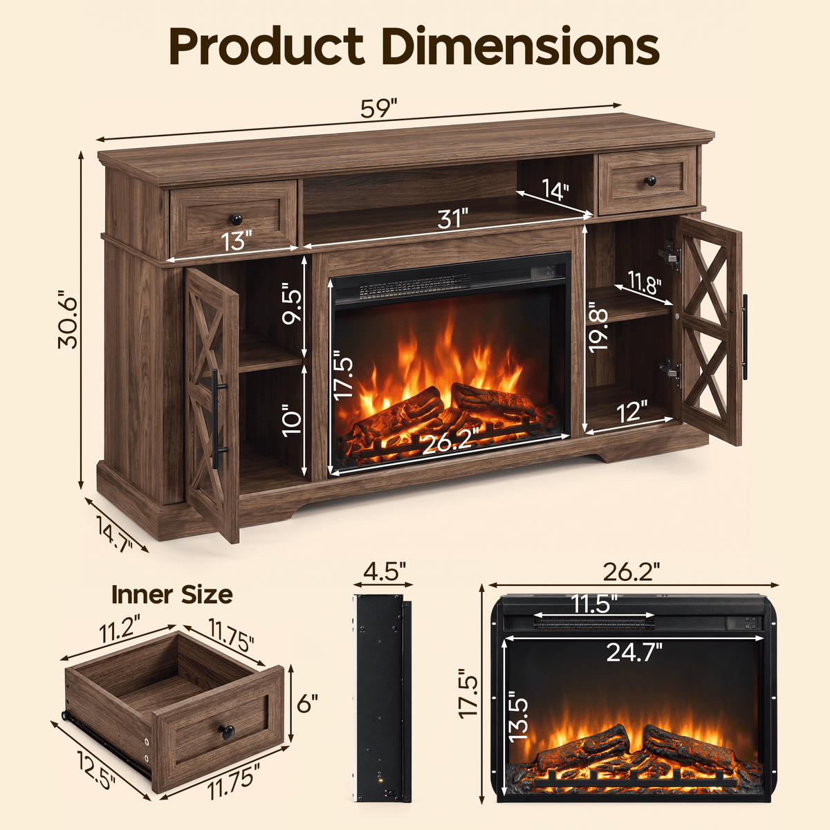LUXAPA Fireplace TV Stand for TVs Up to 65 Inch with Electric Fireplace, Farmhouse Entertainment Center with 1400W Heater, Remote Control, Adjustable Flame, Storage Console