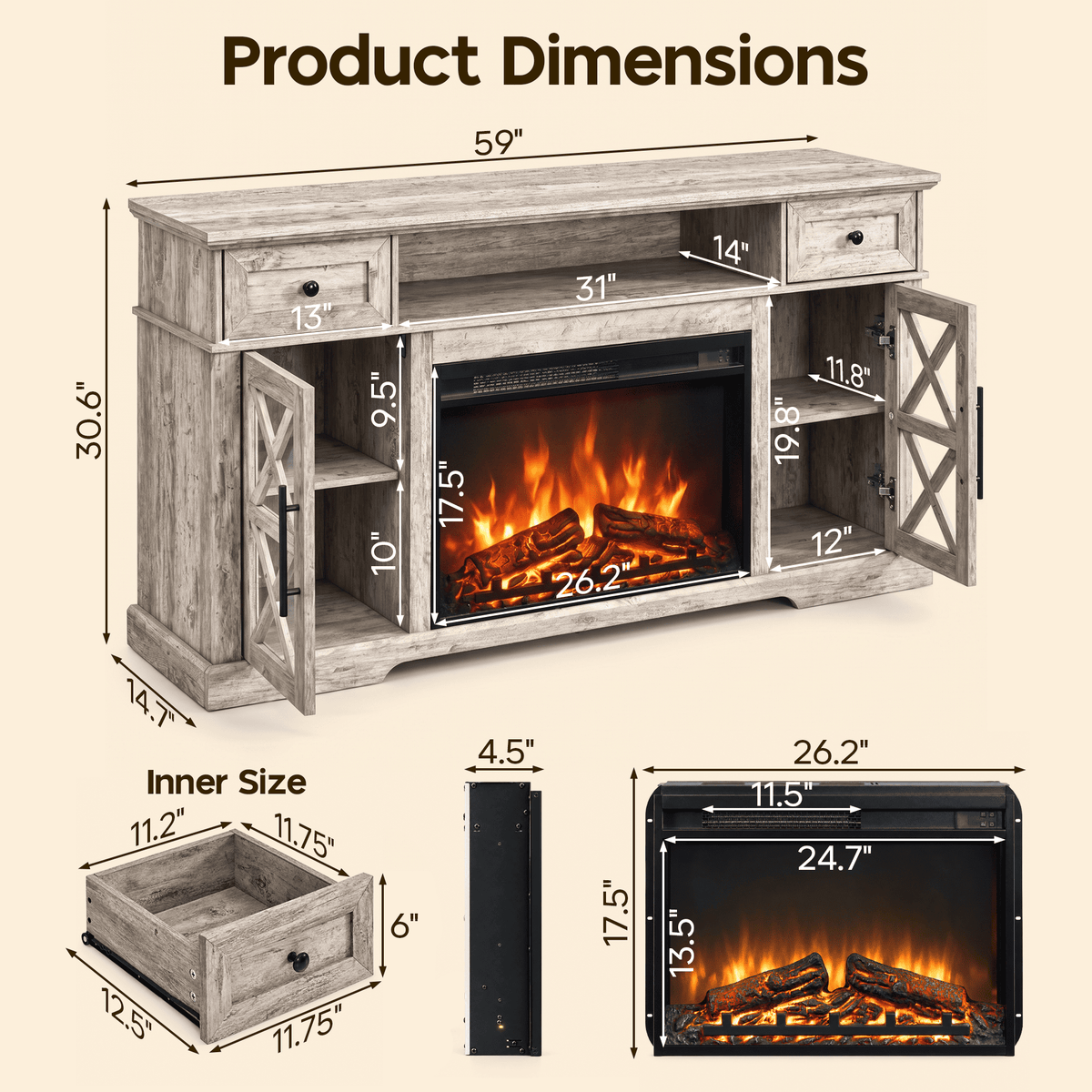LUXAPA 1500W Electric Fireplace TV Stand with 31" Fireplace, 60" TV Console for TVs Up to 65", 9 Flame Colors, 12 Ambient Light Colors, 11 Heat Settings