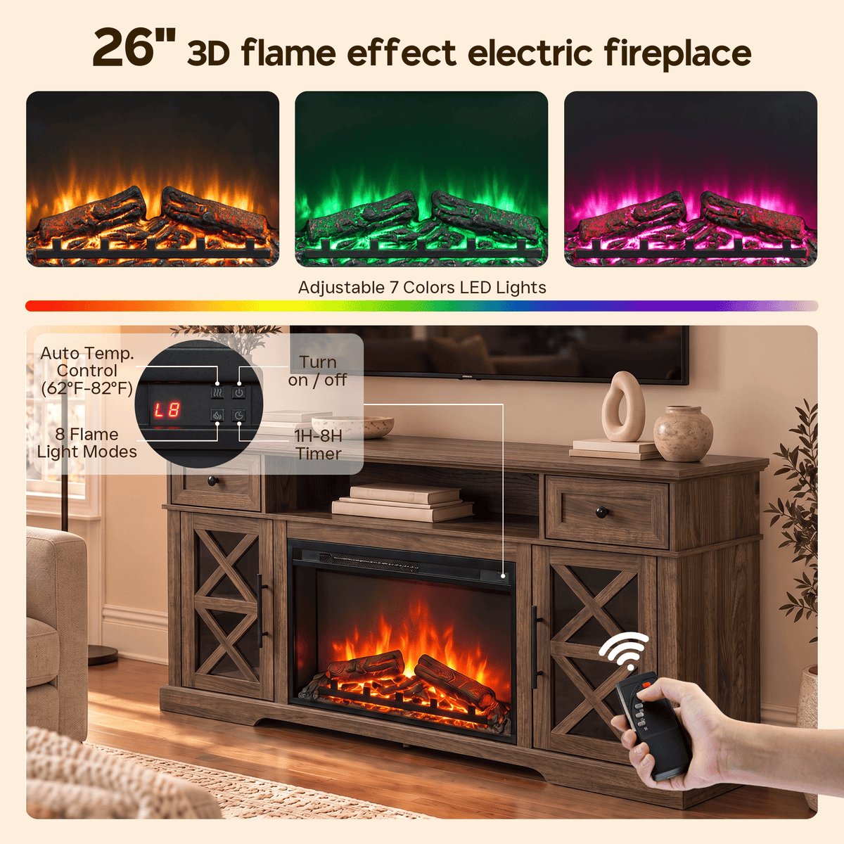 LUXAPA Fireplace TV Stand for TVs Up to 65 Inch with Electric Fireplace, Farmhouse Entertainment Center with 1400W Heater, Remote Control, Adjustable Flame, Storage Console