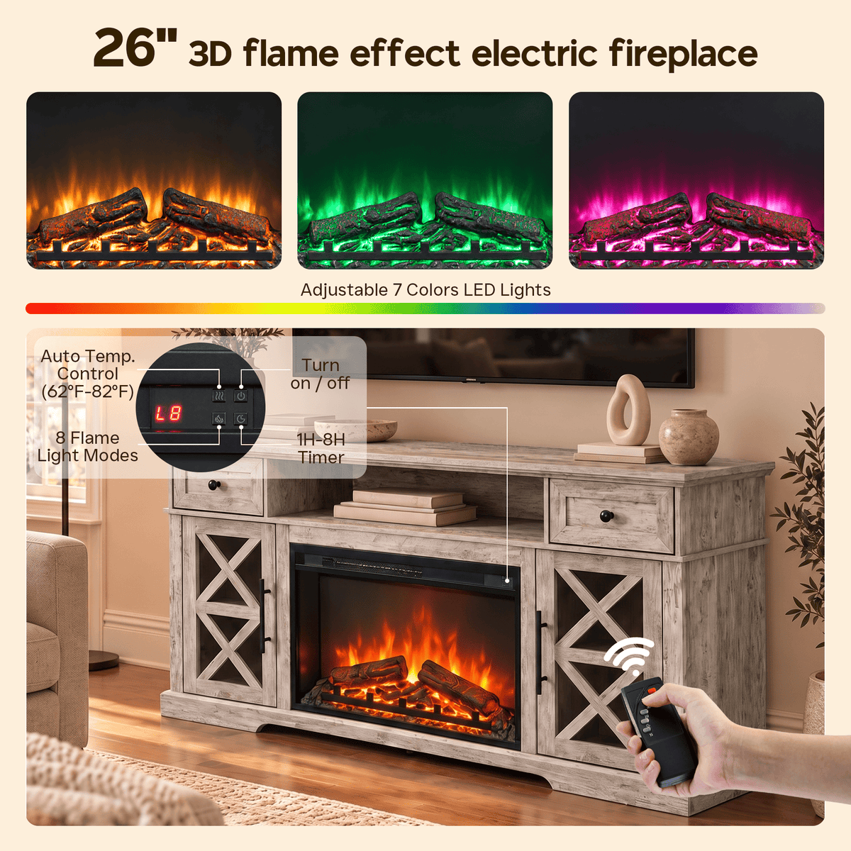 LUXAPA 1500W Electric Fireplace TV Stand with 31" Fireplace, 60" TV Console for TVs Up to 65", 9 Flame Colors, 12 Ambient Light Colors, 11 Heat Settings