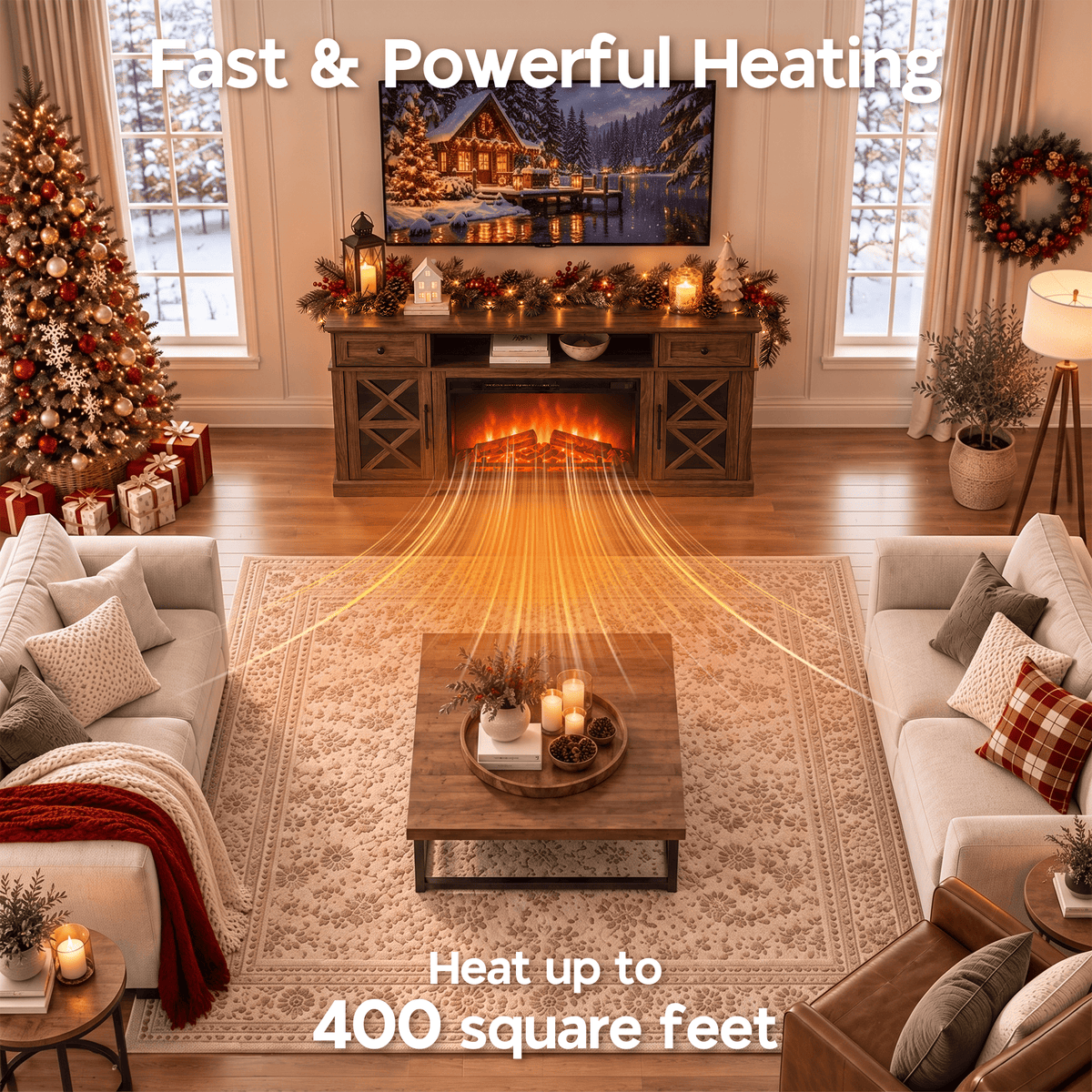 LUXAPA Fireplace TV Stand for TVs Up to 65 Inch with Electric Fireplace, Farmhouse Entertainment Center with 1400W Heater, Remote Control, Adjustable Flame, Storage Console