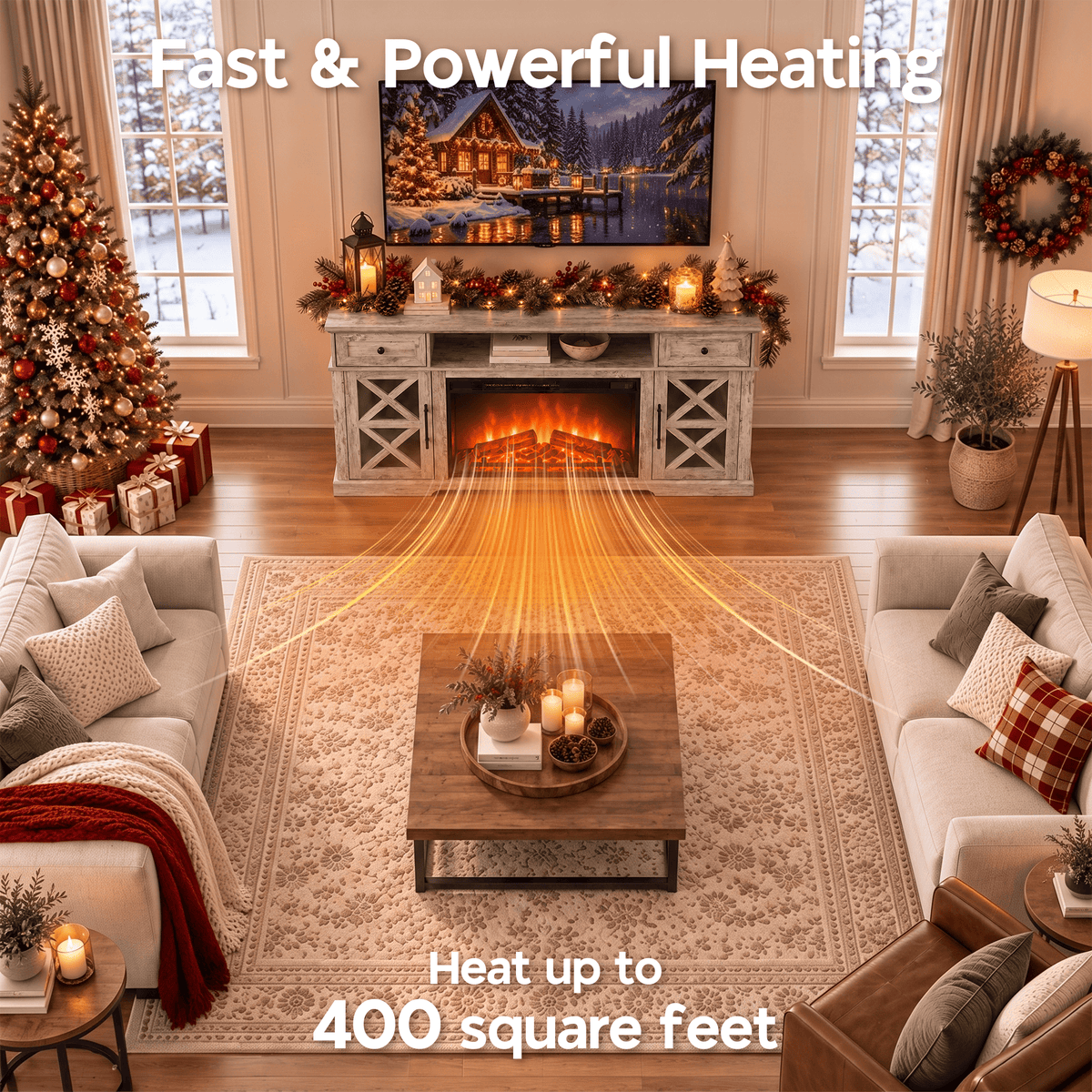 LUXAPA 1500W Electric Fireplace TV Stand with 31" Fireplace, 60" TV Console for TVs Up to 65", 9 Flame Colors, 12 Ambient Light Colors, 11 Heat Settings