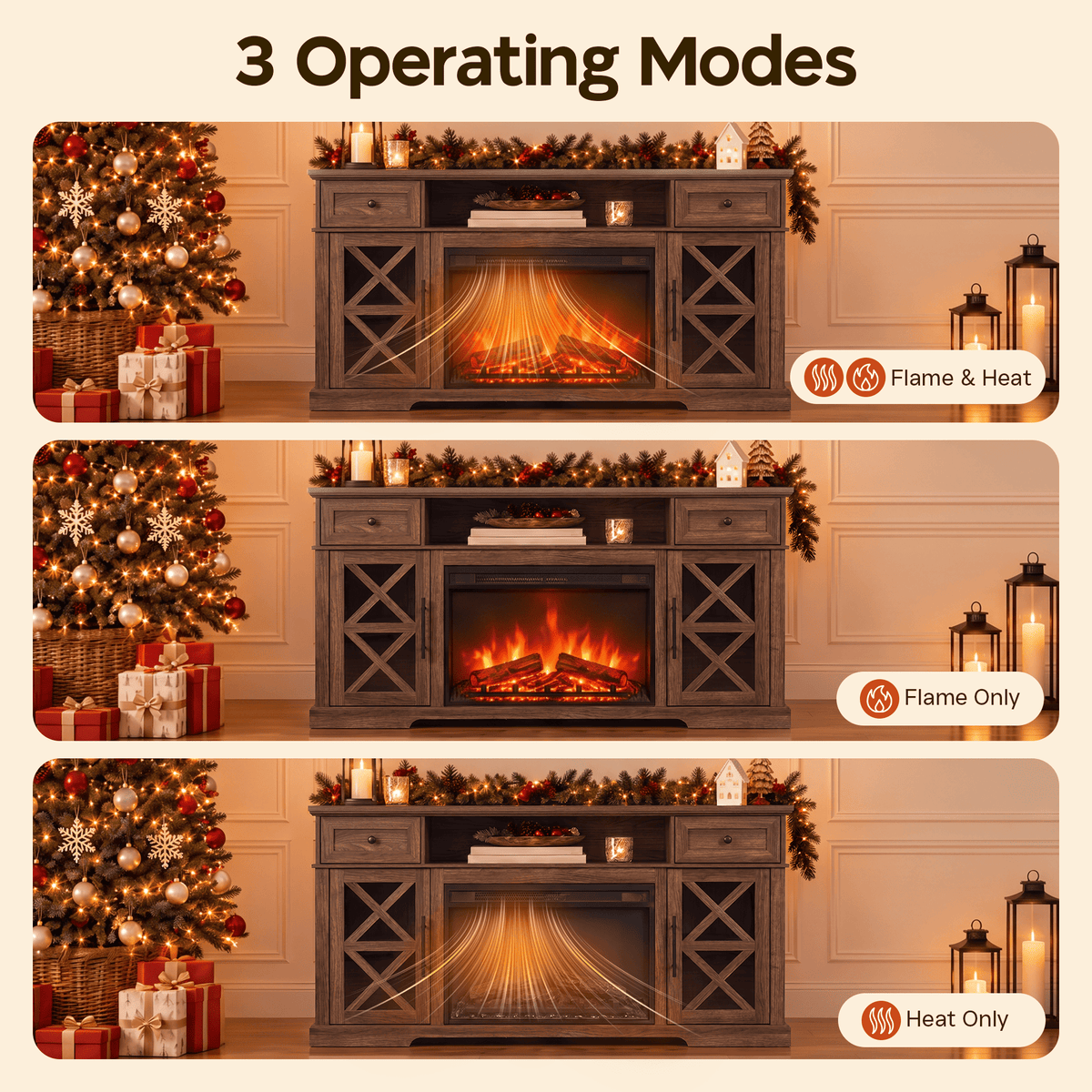 LUXAPA Fireplace TV Stand for TVs Up to 65 Inch with Electric Fireplace, Farmhouse Entertainment Center with 1400W Heater, Remote Control, Adjustable Flame, Storage Console