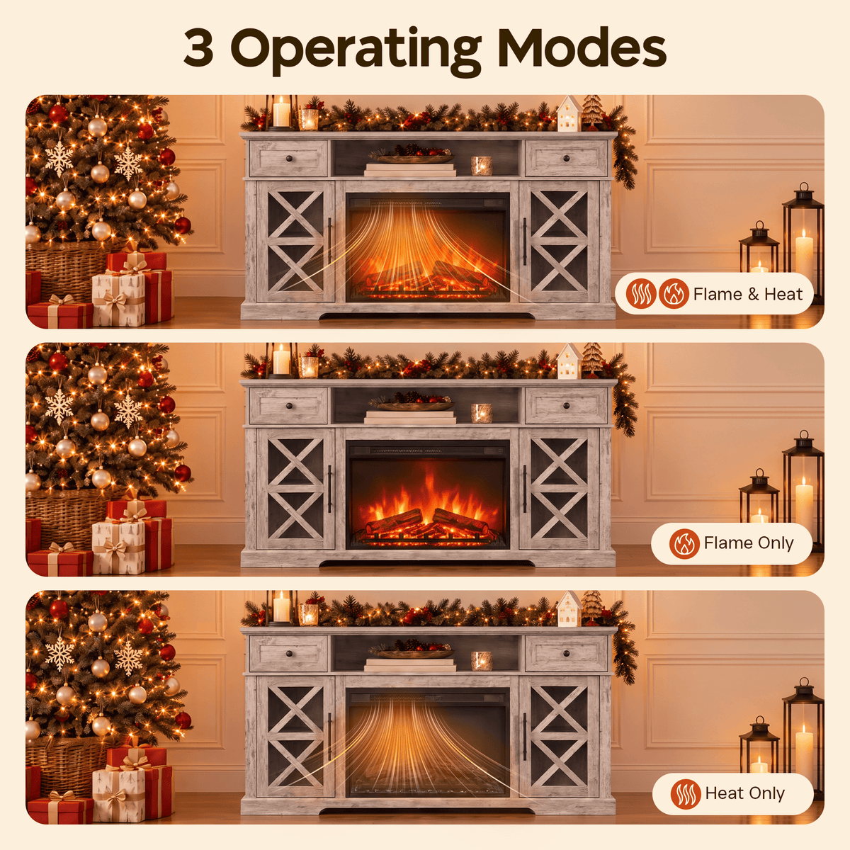 LUXAPA 1500W Electric Fireplace TV Stand with 31" Fireplace, 60" TV Console for TVs Up to 65", 9 Flame Colors, 12 Ambient Light Colors, 11 Heat Settings