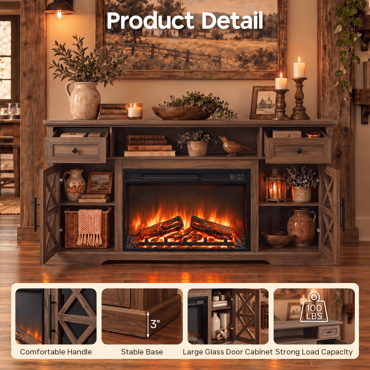 LUXAPA Fireplace TV Stand for TVs Up to 65 Inch with Electric Fireplace, Farmhouse Entertainment Center with 1400W Heater, Remote Control, Adjustable Flame, Storage Console