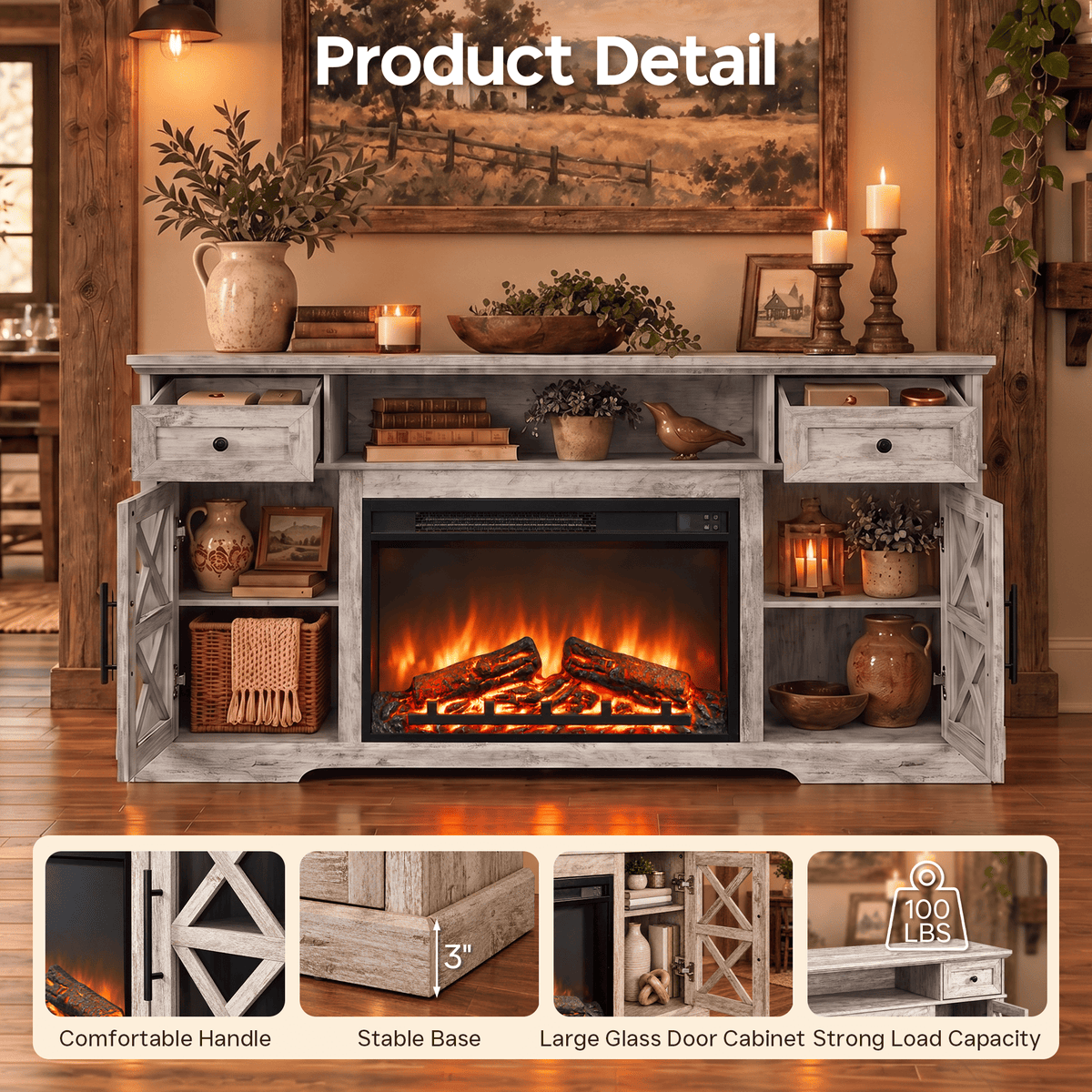 LUXAPA 1500W Electric Fireplace TV Stand with 31" Fireplace, 60" TV Console for TVs Up to 65", 9 Flame Colors, 12 Ambient Light Colors, 11 Heat Settings