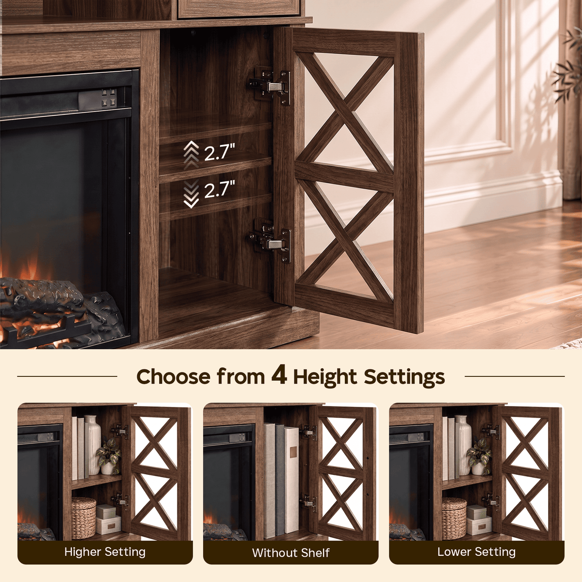 LUXAPA Fireplace TV Stand for TVs Up to 65 Inch with Electric Fireplace, Farmhouse Entertainment Center with 1400W Heater, Remote Control, Adjustable Flame, Storage Console