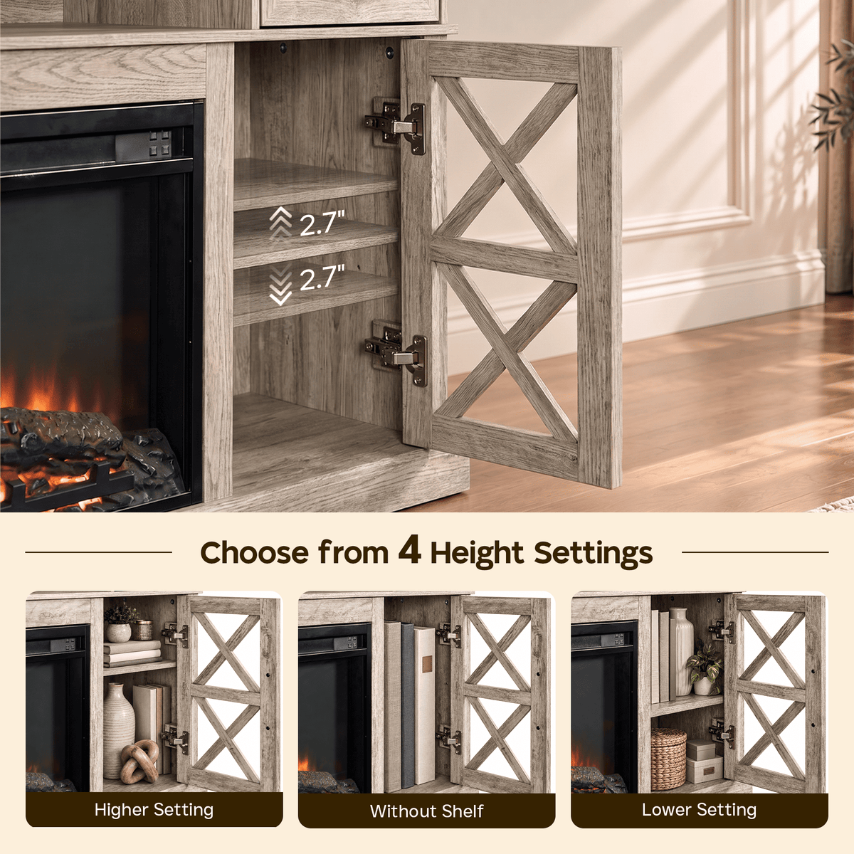 LUXAPA 1500W Electric Fireplace TV Stand with 31" Fireplace, 60" TV Console for TVs Up to 65", 9 Flame Colors, 12 Ambient Light Colors, 11 Heat Settings