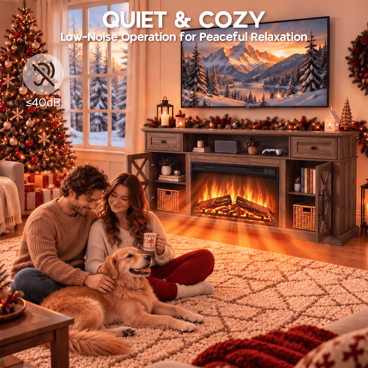 LUXAPA Fireplace TV Stand for TVs Up to 65 Inch with Electric Fireplace, Farmhouse Entertainment Center with 1400W Heater, Remote Control, Adjustable Flame, Storage Console