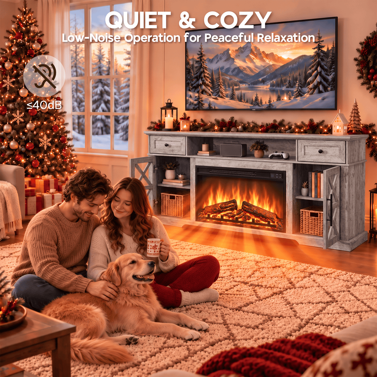 LUXAPA 1500W Electric Fireplace TV Stand with 31" Fireplace, 60" TV Console for TVs Up to 65", 9 Flame Colors, 12 Ambient Light Colors, 11 Heat Settings