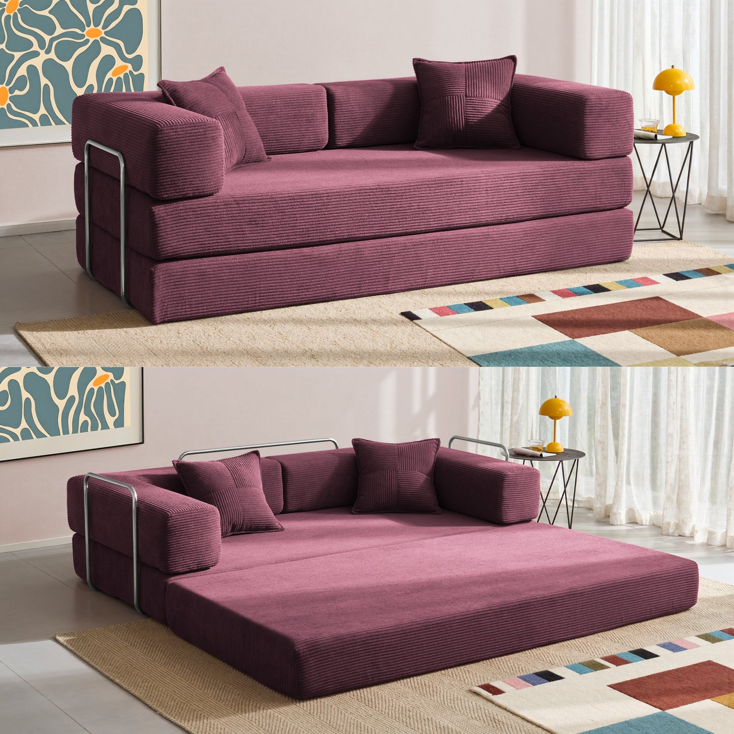 LUXAPA 81.6" Sofa Couch, Convertible Sleeper Sofa, Deep Seat Corduroy Sofa Bed for Living Room, Apartment & Small Spaces, Red