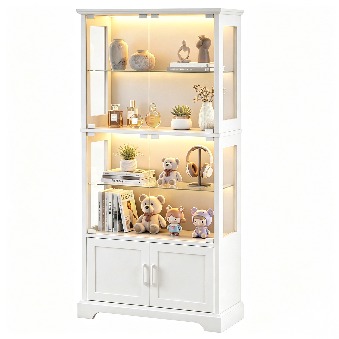 LUXAPA Display Cabinet with Glass Doors, 65" Storage Cabinet with LED Lights, 5-Tier Curio Cabinet & Bookshelf, Modern Collection Display Case for Living Room, Home Office, White