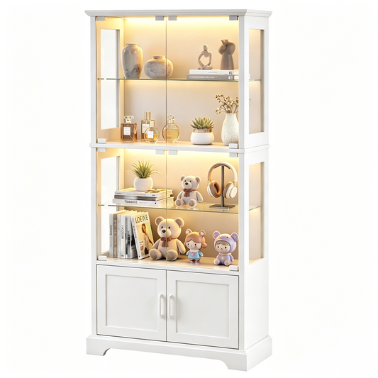 LUXAPA Display Cabinet with Glass Doors, 65" Storage Cabinet with LED Lights, 5-Tier Curio Cabinet & Bookshelf, Modern Collection Display Case for Living Room, Home Office, White