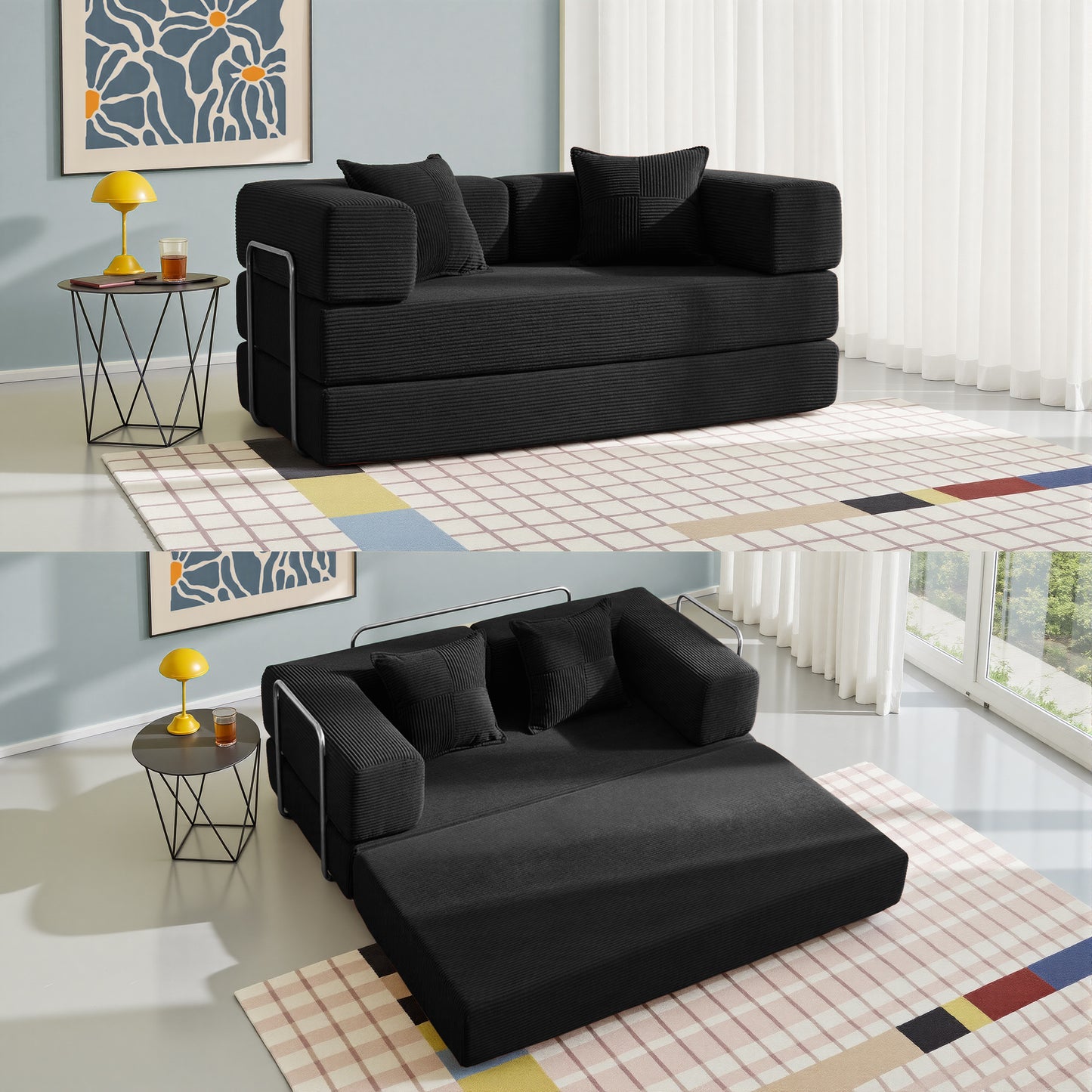 LUXAPA 62.9" Sleeper Sofa Bed, Comfy Modular 2-in-1 Convertible Couch, Corduroy Upholstered Loveseat, Deep Seat Sofa for Small Spaces, Modern Folding Guest Bed, No Assembly with 2 Pillows, Black