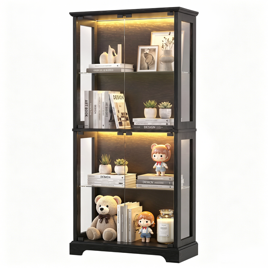 LUXAPA Display Cabinet with Glass Doors, 65" Storage Cabinet with LED Lights, 5-Tier Curio Cabinet & Bookshelf, Modern Collection Display Case for Living Room, Home Office, Black