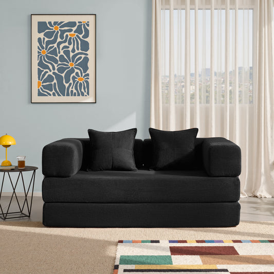 LUXAPA 62.9" Sleeper Sofa Bed, Comfy Modular 2-in-1 Convertible Couch, Corduroy Upholstered Loveseat, Deep Seat Sofa for Small Spaces, Modern Folding Guest Bed, No Assembly with 2 Pillows, Black