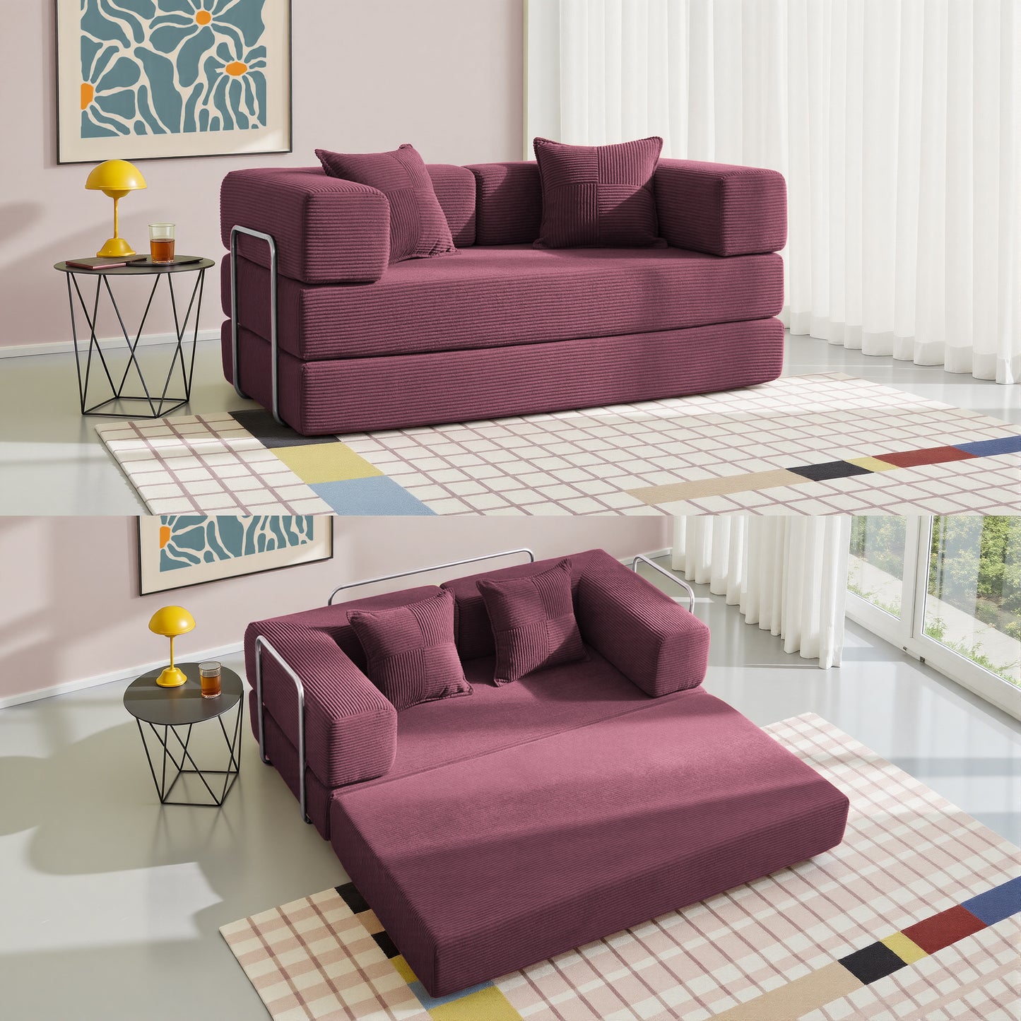 LUXAPA 62.9" Sleeper Sofa Bed, Comfy Modular 2-in-1 Convertible Couch, Corduroy Upholstered Loveseat, Deep Seat Sofa for Small Spaces, Modern Folding Guest Bed, No Assembly with 2 Pillows, Red