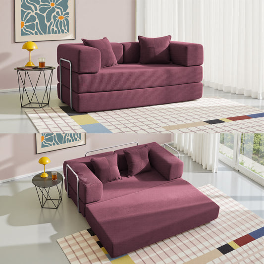 LUXAPA 62.9" Sleeper Sofa Bed, Comfy Modular 2-in-1 Convertible Couch, Corduroy Upholstered Loveseat, Deep Seat Sofa for Small Spaces, Modern Folding Guest Bed, No Assembly with 2 Pillows, Red