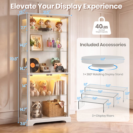 LUXAPA Display Cabinet with Glass Doors, 71" Storage Cabinet with LED Lights, 5-Tier Curio Cabinet & Bookshelf, Modern Collection Display Case for Living Room, Home Office, White