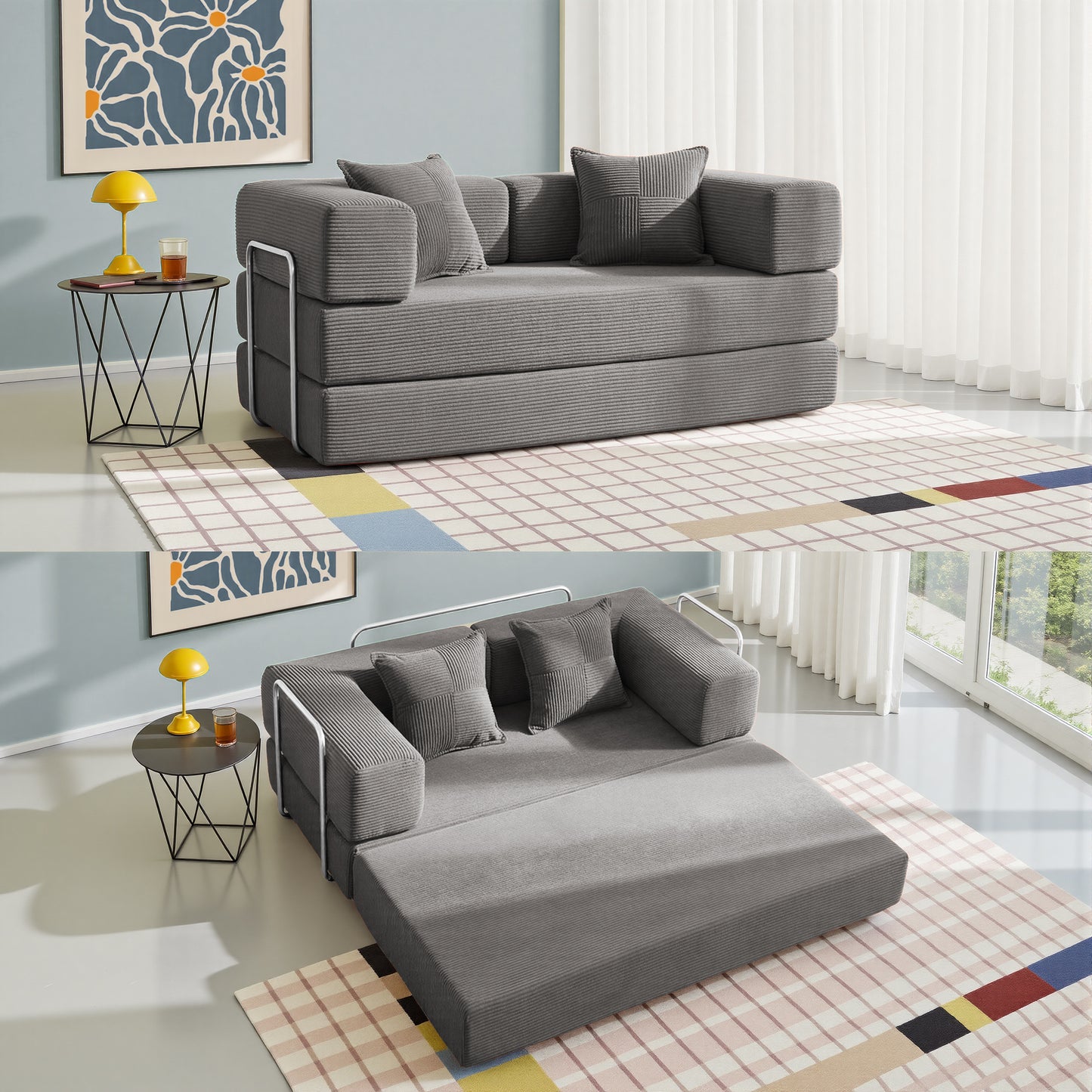 LUXAPA 62.9" Sleeper Sofa Bed, Comfy Modular 2-in-1 Convertible Couch, Corduroy Upholstered Loveseat, Deep Seat Sofa for Small Spaces, Modern Folding Guest Bed, No Assembly with 2 Pillows, Gray