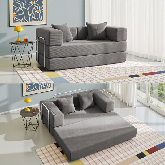 LUXAPA 62.9" Sleeper Sofa Bed, Comfy Modular 2-in-1 Convertible Couch, Corduroy Upholstered Loveseat, Deep Seat Sofa for Small Spaces, Modern Folding Guest Bed, No Assembly with 2 Pillows, Gray