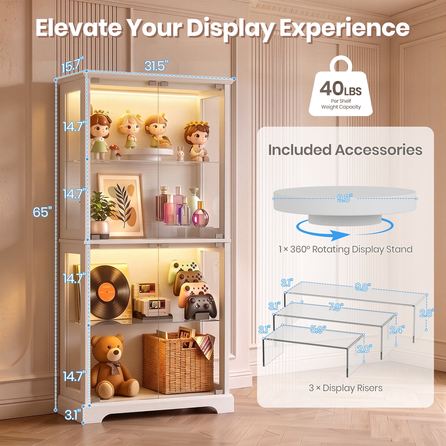 LUXAPA Display Cabinet with Glass Doors, 65" Storage Cabinet with LED Lights, 5-Tier Curio Cabinet & Bookshelf, Modern Collection Display Case for Living Room, Home Office, White