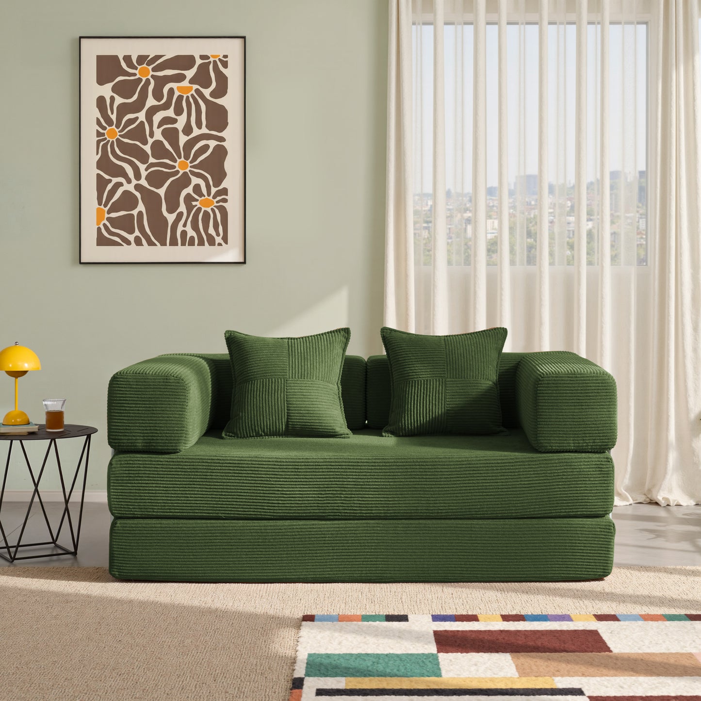LUXAPA 62.9" Sleeper Sofa Bed, Comfy Modular 2-in-1 Convertible Couch, Corduroy Upholstered Loveseat, Deep Seat Sofa for Small Spaces, Modern Folding Guest Bed, No Assembly with 2 Pillows, Green