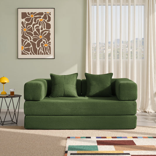 LUXAPA 62.9" Sleeper Sofa Bed, Comfy Modular 2-in-1 Convertible Couch, Corduroy Upholstered Loveseat, Deep Seat Sofa for Small Spaces, Modern Folding Guest Bed, No Assembly with 2 Pillows, Green