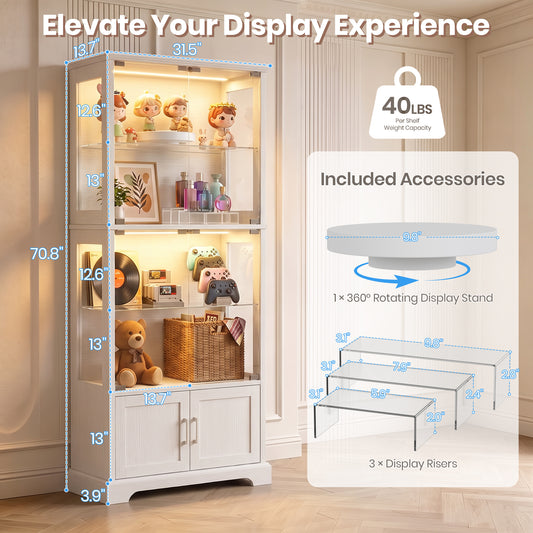 LUXAPA Display Cabinet with Glass Doors, 71" Storage Cabinet with LED Lights, 5-Tier Curio Cabinet & Bookshelf, Modern Collection Display Case for Living Room, Home Office, White
