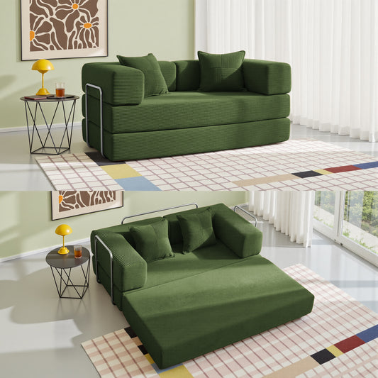 LUXAPA 62.9" Sleeper Sofa Bed, Comfy Modular 2-in-1 Convertible Couch, Corduroy Upholstered Loveseat, Deep Seat Sofa for Small Spaces, Modern Folding Guest Bed, No Assembly with 2 Pillows, Green