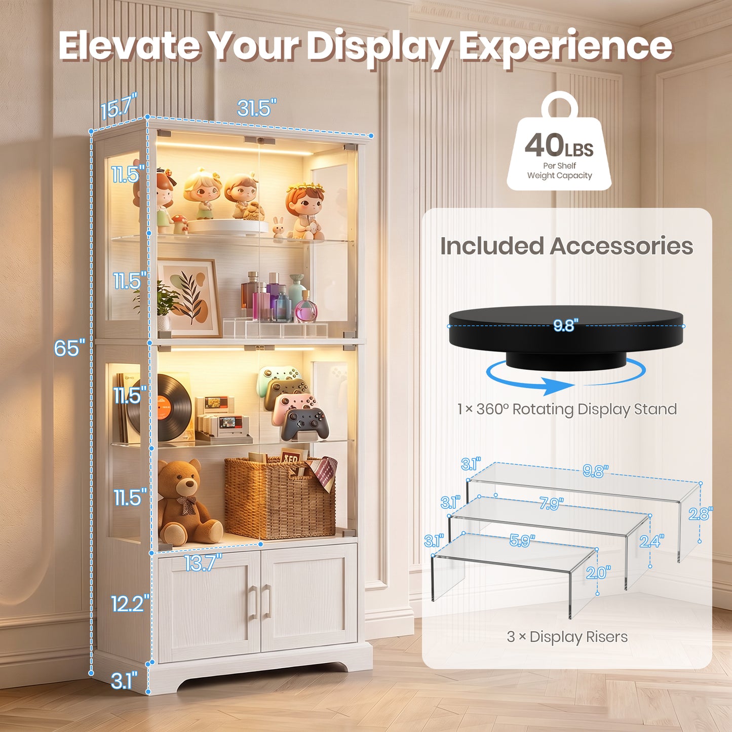 LUXAPA Display Cabinet with Glass Doors, 65" Storage Cabinet with LED Lights, 5-Tier Curio Cabinet & Bookshelf, Modern Collection Display Case for Living Room, Home Office, White