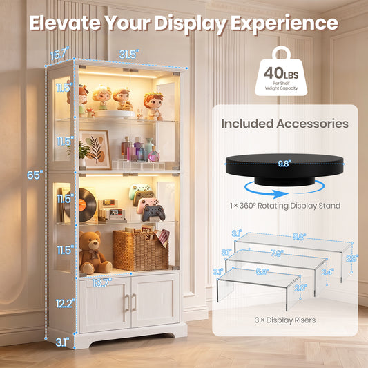 LUXAPA Display Cabinet with Glass Doors, 65" Storage Cabinet with LED Lights, 5-Tier Curio Cabinet & Bookshelf, Modern Collection Display Case for Living Room, Home Office, White