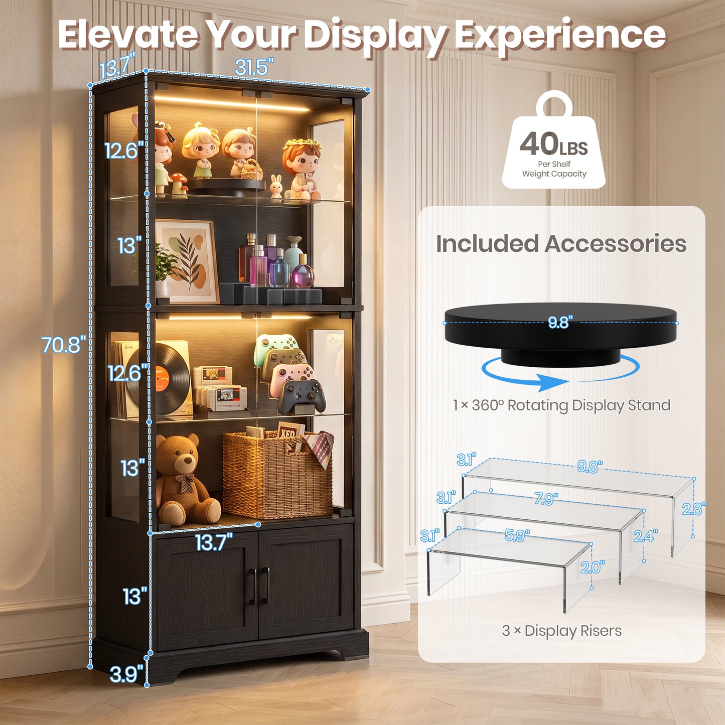 LUXAPA Display Cabinet with Glass Doors, 71" Storage Cabinet with LED Lights, 5-Tier Curio Cabinet & Bookshelf, Modern Collection Display Case for Living Room, Home Office, Black