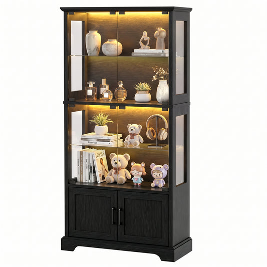 LUXAPA Display Cabinet with Glass Doors, 65" Storage Cabinet with LED Lights, 5-Tier Curio Cabinet & Bookshelf, Modern Collection Display Case for Living Room, Home Office, Black