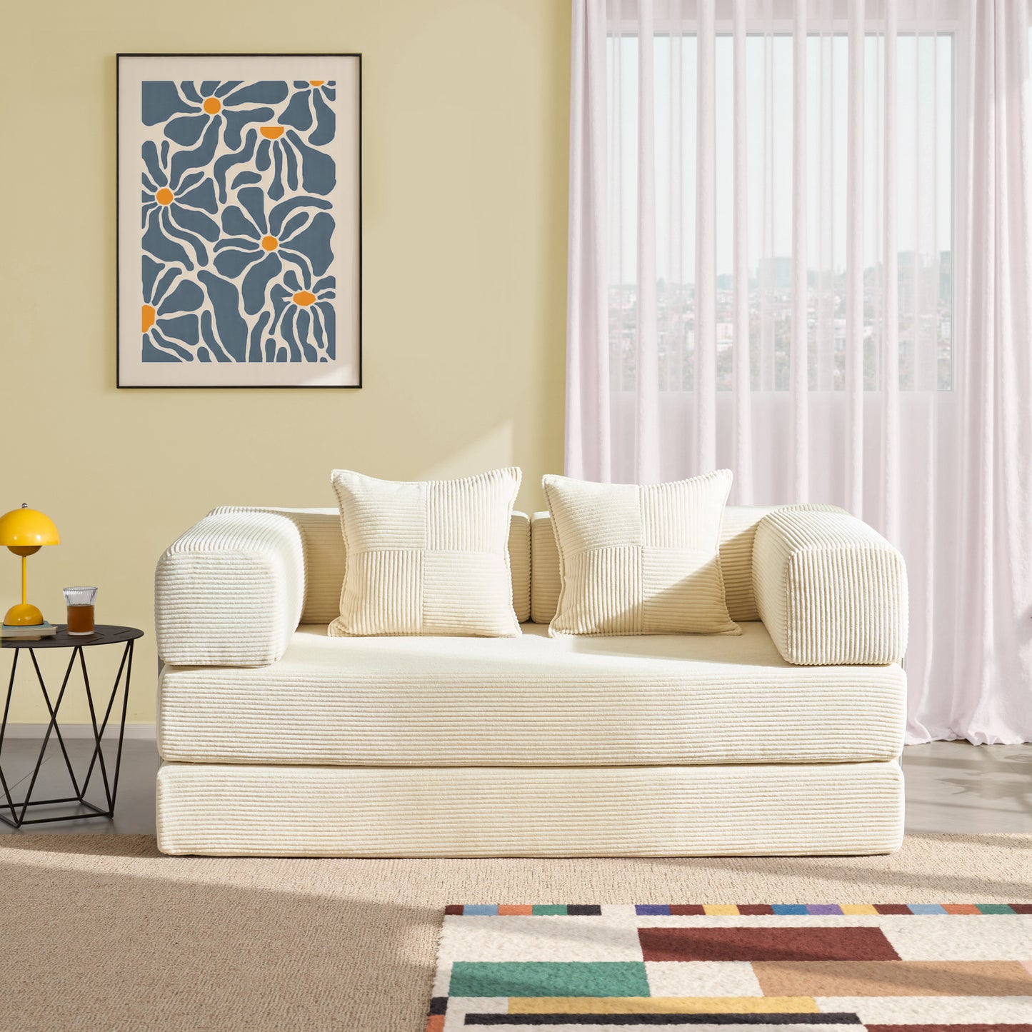 LUXAPA 62.9" Sleeper Sofa Bed, Comfy Modular 2-in-1 Convertible Couch, Corduroy Upholstered Loveseat, Deep Seat Sofa for Small Spaces, Modern Folding Guest Bed, No Assembly with 2 Pillows, Beige